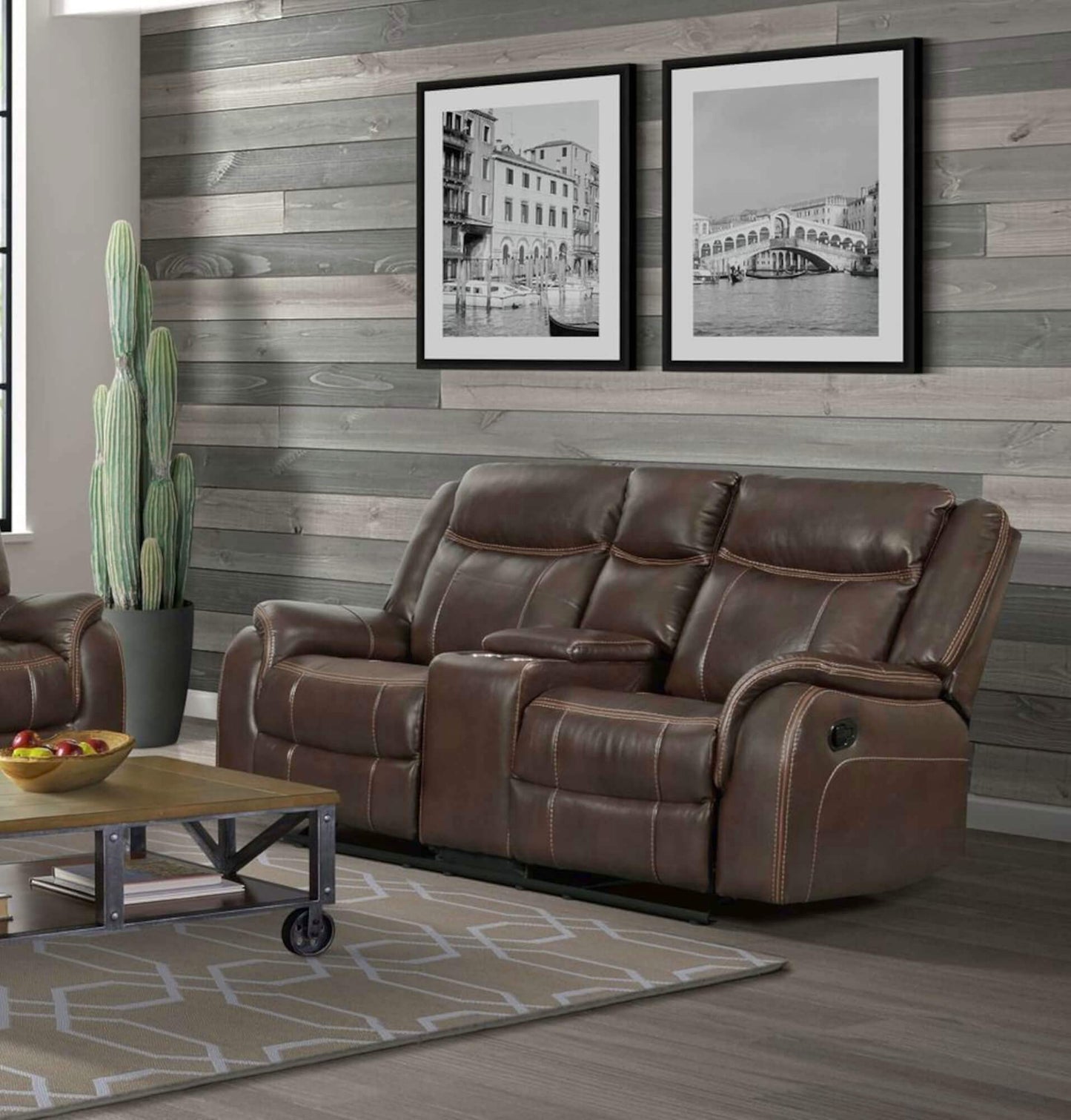 Sunset Trading Avant 76" Wide Dual Reclining Rocking Loveseat with Power Console | USB, 2 Outlets, Cupholders | Brown Faux Leather Love, Deep Seating