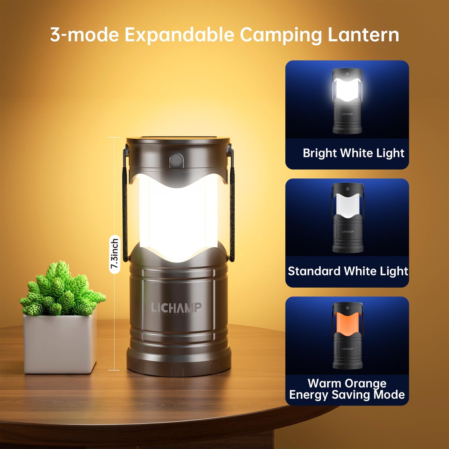 Lichamp Solar Camping Lantern 2-Pack, USB Rechargeable LED, Dark Gray, Model CLS-K002GH, Battery Powered, Three Modes for Emergencies