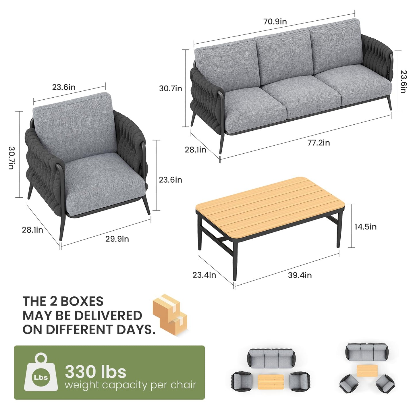 Jocoevol Outdoor Patio Furniture Set, Outdoor 5-Seat Sofa with Coffee Table, Waterproof Thick Cushion Patio Conversation Set, All Weather Outdoor Couch Set for Deck, Lawn, Balcony, Porch