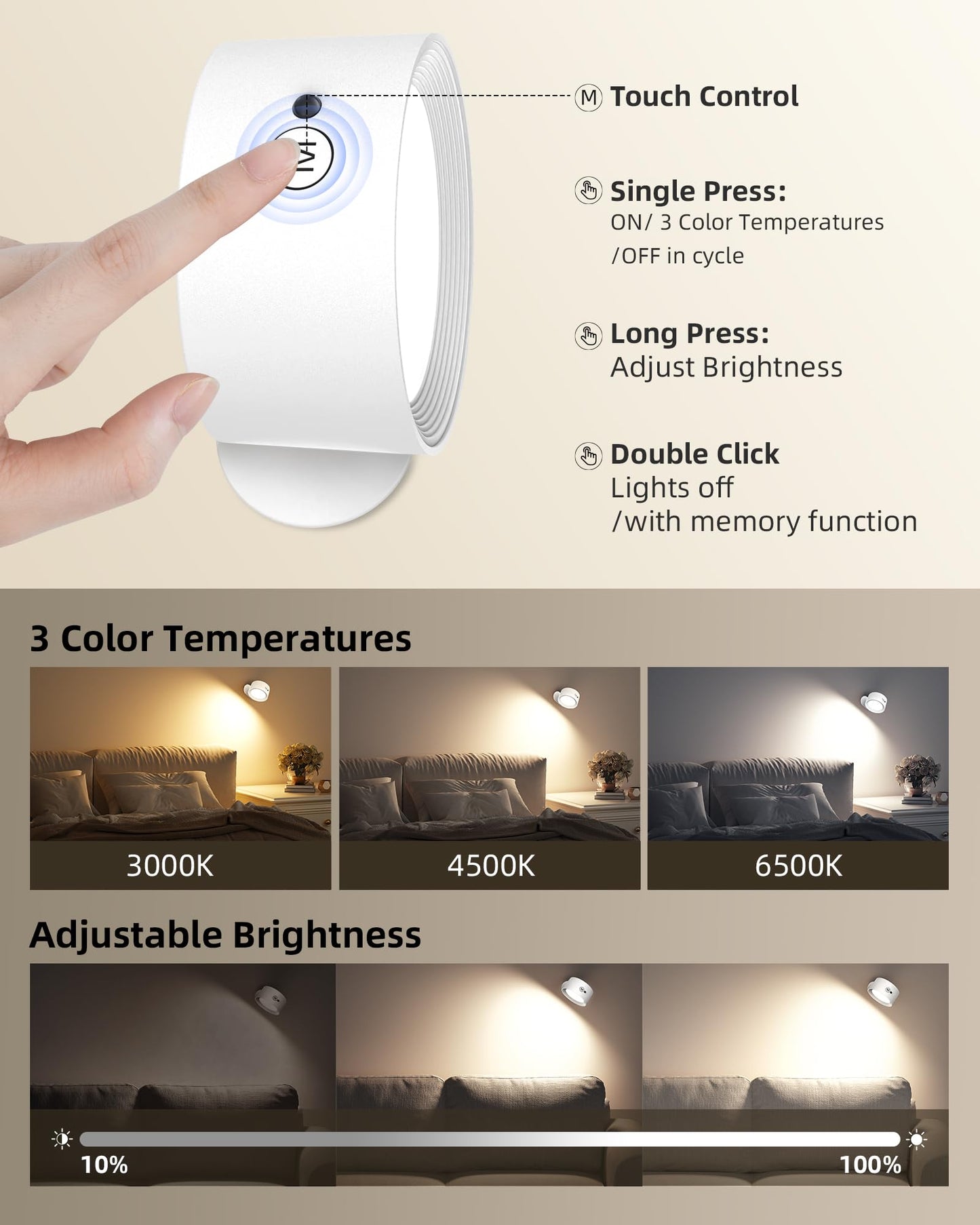AMETHEUS LED Wall Mounted Lights, Rechargeable, 3 Color Temps, 360? Rotation, Dimmable, 2 Pack, White, Model WL02