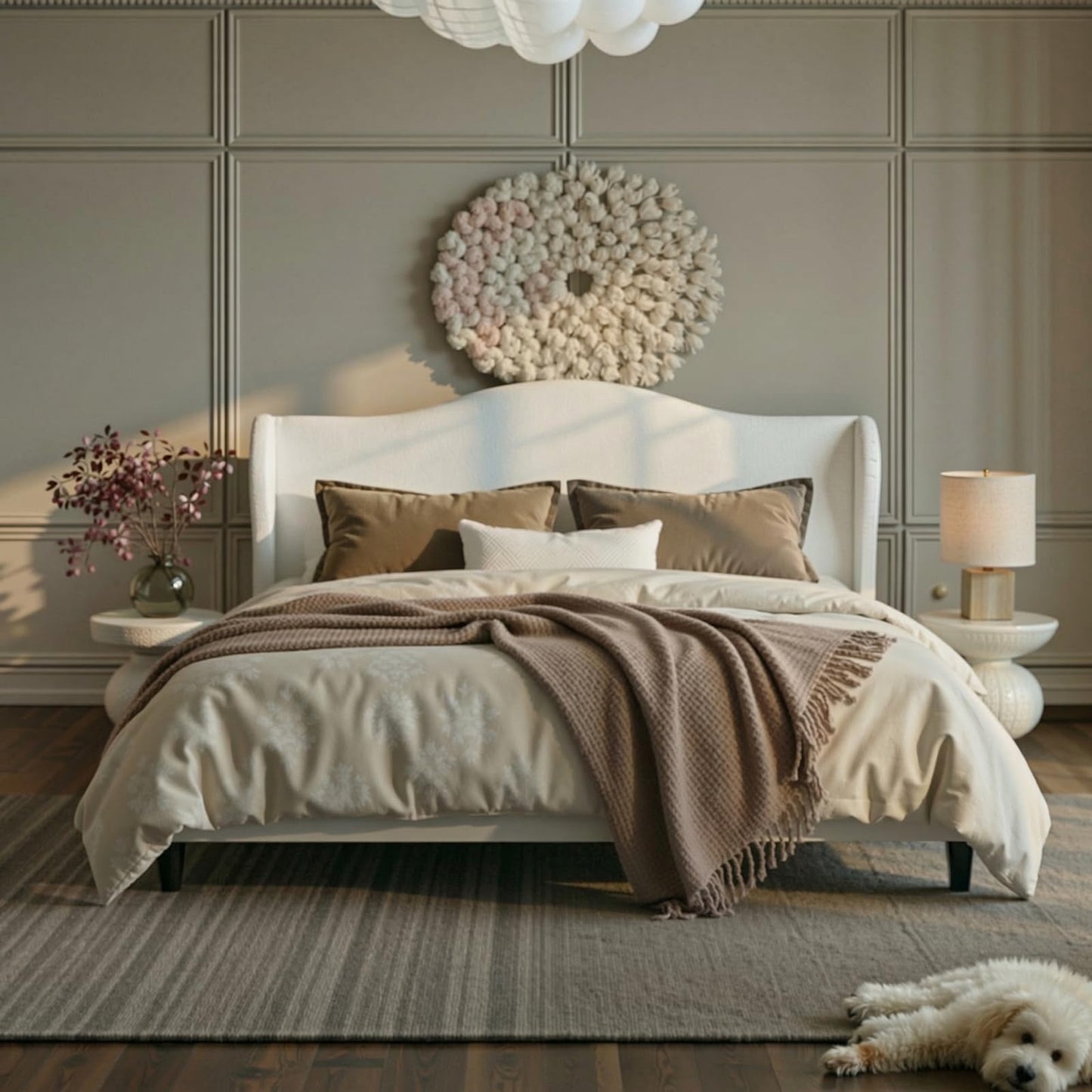 Allewie Velvet Platform Queen Bed Frame with Wingback and 47" Tall Tufted Headboard, Modern Minimalist Design, No Box Spring Required, Tool-Free Assembly, White
