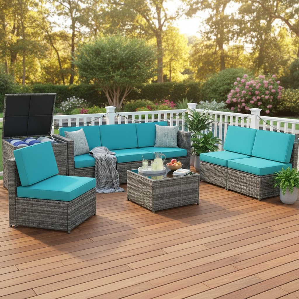 Tangkula 8 Pieces Wicker Patio Furniture Set with Storage Deck Box, PE Rattan Outdoor Sectional Conversation Set with Coffee Table & Cushions, Outside Furniture for Garden Yard Poolside (Turquoise)
