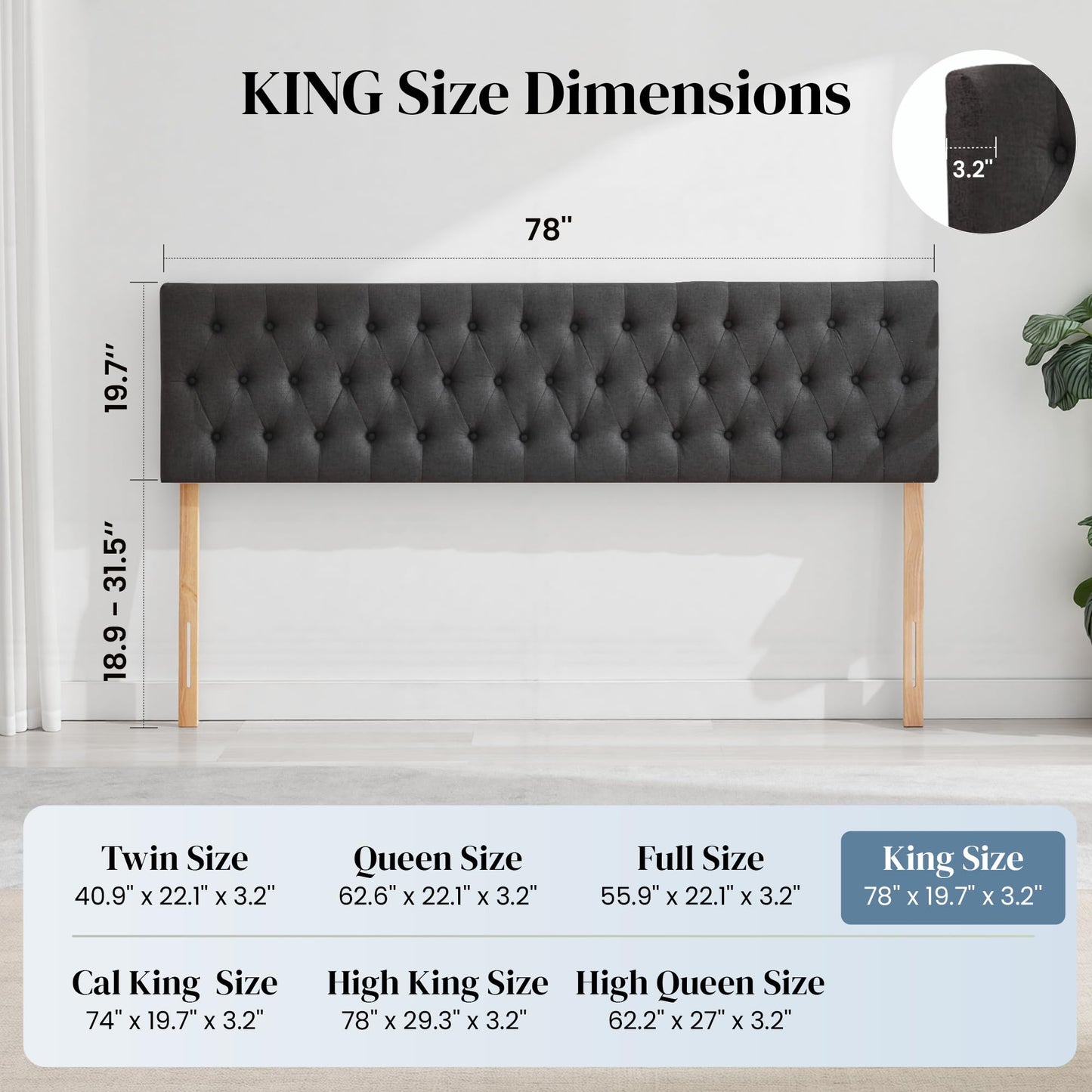 Kingfun Tufted Upholstered King Size Bed Headboard in Modern Button Design, Adjustable Solid Wood Head Board, Premium Linen Fabric Padded Headboards in Bedroom (Dark Grey)