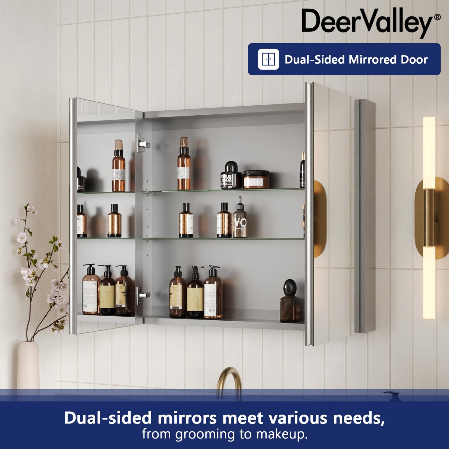 DeerValley Medicine Cabinet with Mirror, 30" W x 26" H Bathroom Mirror with Storage, Frameless Modern Wall Mount Mirrored Medicine Cabinets with Adjustable Shelf