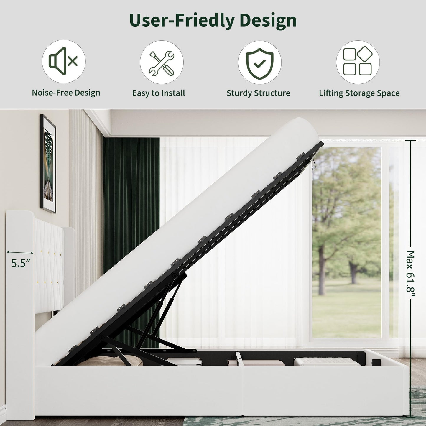 IDEALHOUSE Full Size Lift Up Storage Bed Frame, Modern Diamond Tufted Wingback Headboard, Hydraulic Support & Underneath Storage, Suede Upholstered Platform Bed, No Box Spring Needed