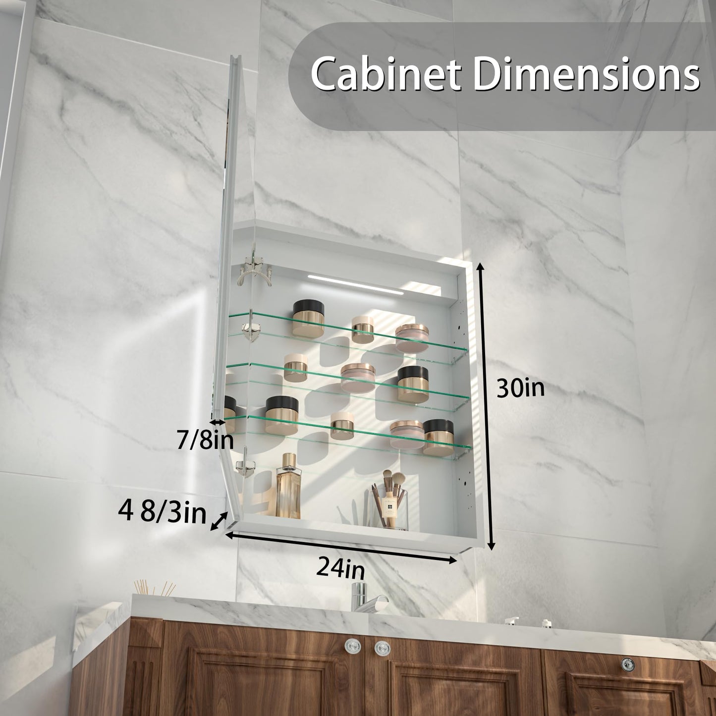 24“x30" LED Medicine Cabinet Mirror, Plastic Bathroom Mirror with Storage, Wall-mounted Mirrored Medicine Cabinets with Adjustable Tempered Glass Shelves, Lighted Mirror Cabinet, Anti-Fog Function