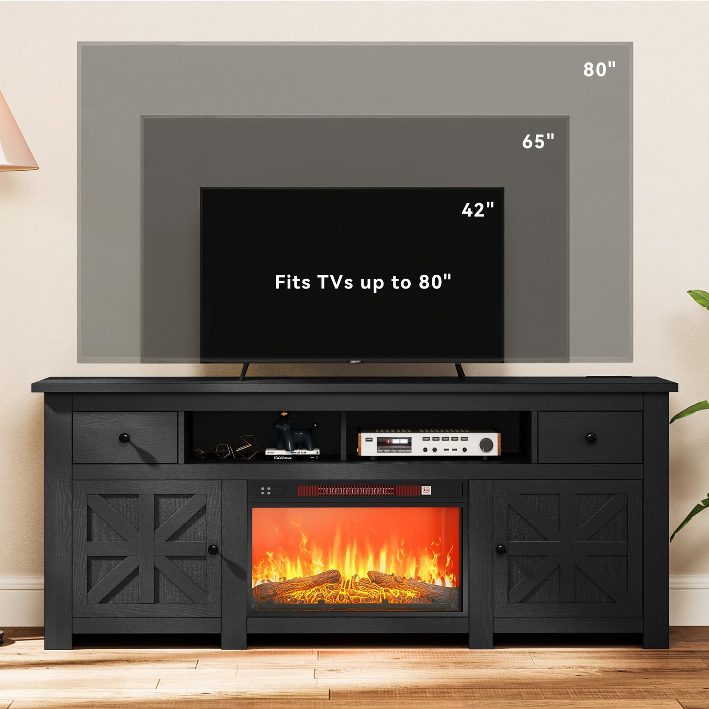 DWVO TV Stand with Fireplace for 75 Inch TVs, Entertainment Center with Power Outlet, Electric Fireplace TV Stands for Living Room, TV Console with Storage Drawers & Cabinets (Black)