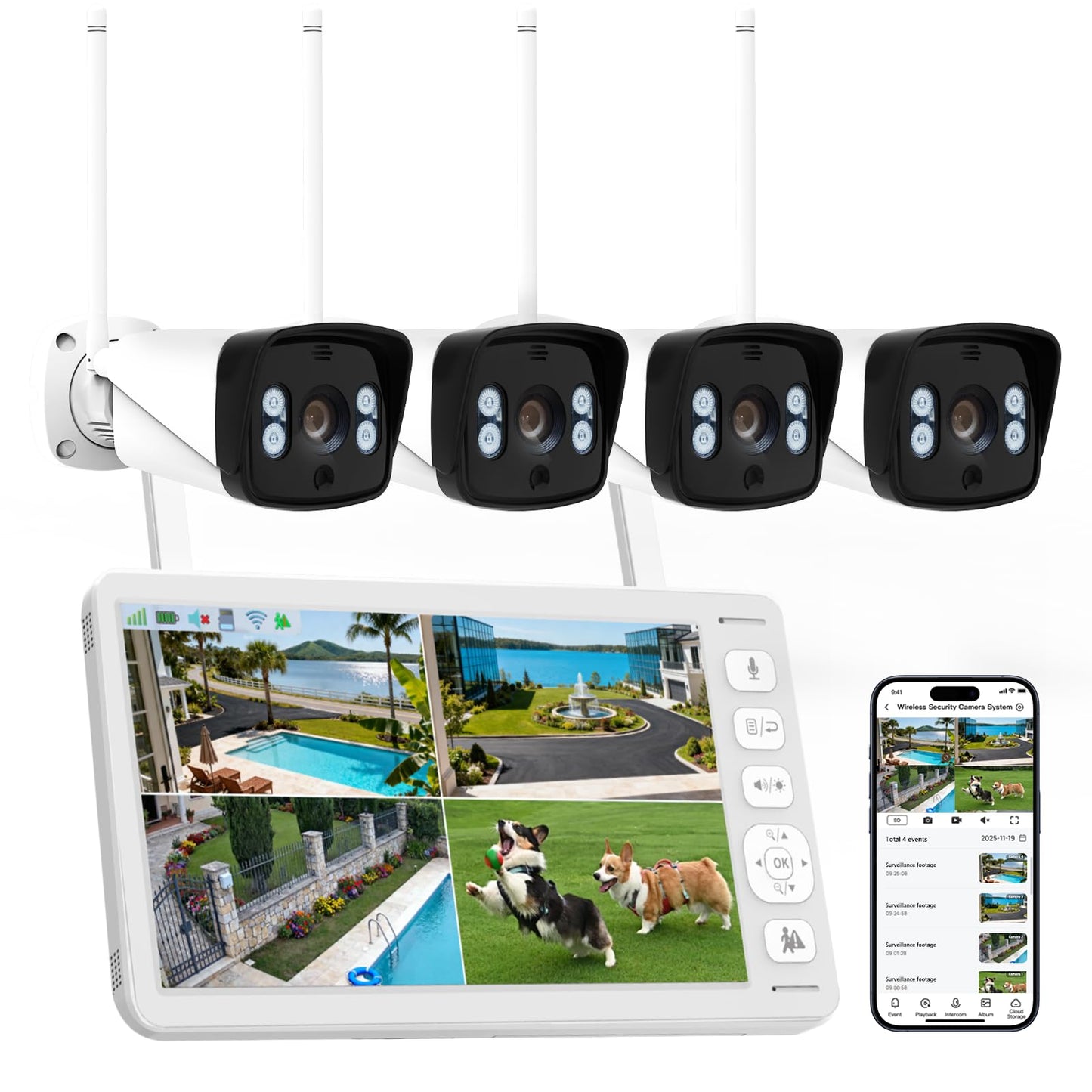 VTimes 4Pcs Wireless Home Security Camera System with Monitor, Smart AI Human Motion Detection, 2-Way Audio, Surveillance Kits for Indoor Outdoor, No Blind Spots, No Subscription, No WiFi Needed