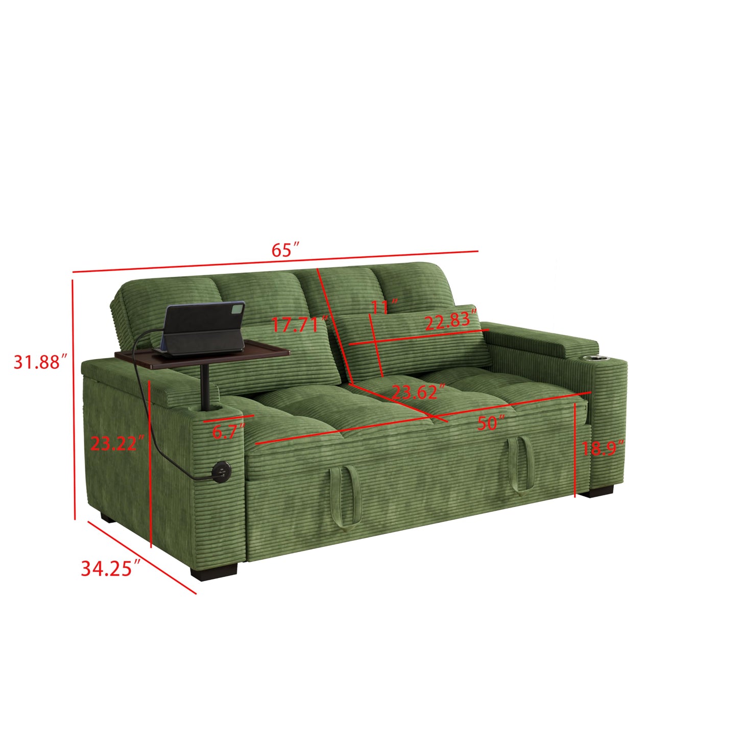 KEIKI 65" 3-in-1 Pull-Out Sofa Bed, Convertible Corduroy Sleeper Couch with Adjustable Backrest, USB Charging Ports & Storage Arms, Compact Futon Sofa for Guest Rooms, Studios & Small Living Spaces
