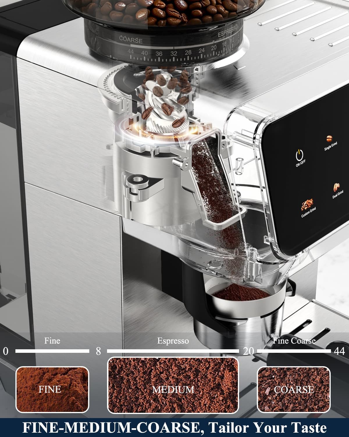 Hausmojo CM1620 Espresso Machine with Built-in Burr Grinder, 20 Bar Bean-to-Cup Espresso Maker with 44 Grind Settings & Steam Wand, Touchscreen Coffee Machine for Latte, Cappuccino
