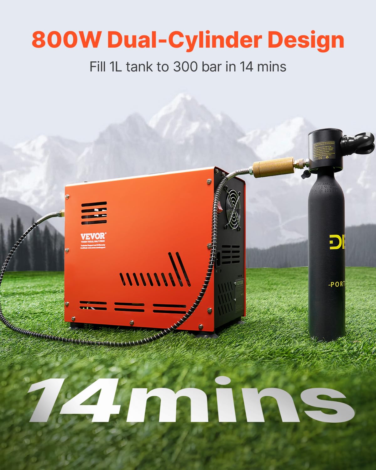 VEVOR PCP Air Compressor, 800W Dual-Cylinder PCP Airgun Compressor 4500PSI/30Mpa with Built-in Fan Cooling System, Auto-Stop | Oil Free Paintball Tank Compressor for Air Rifle, Scuba Diving Bottle