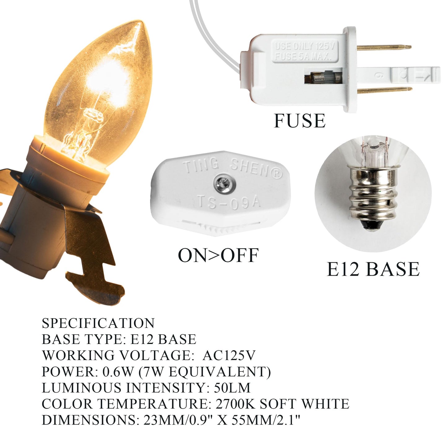 Dazzle Bright 4 Pack Accessory Cord with E12 Socket, Warm White Incandescent Bulbs, Model 31001A-09