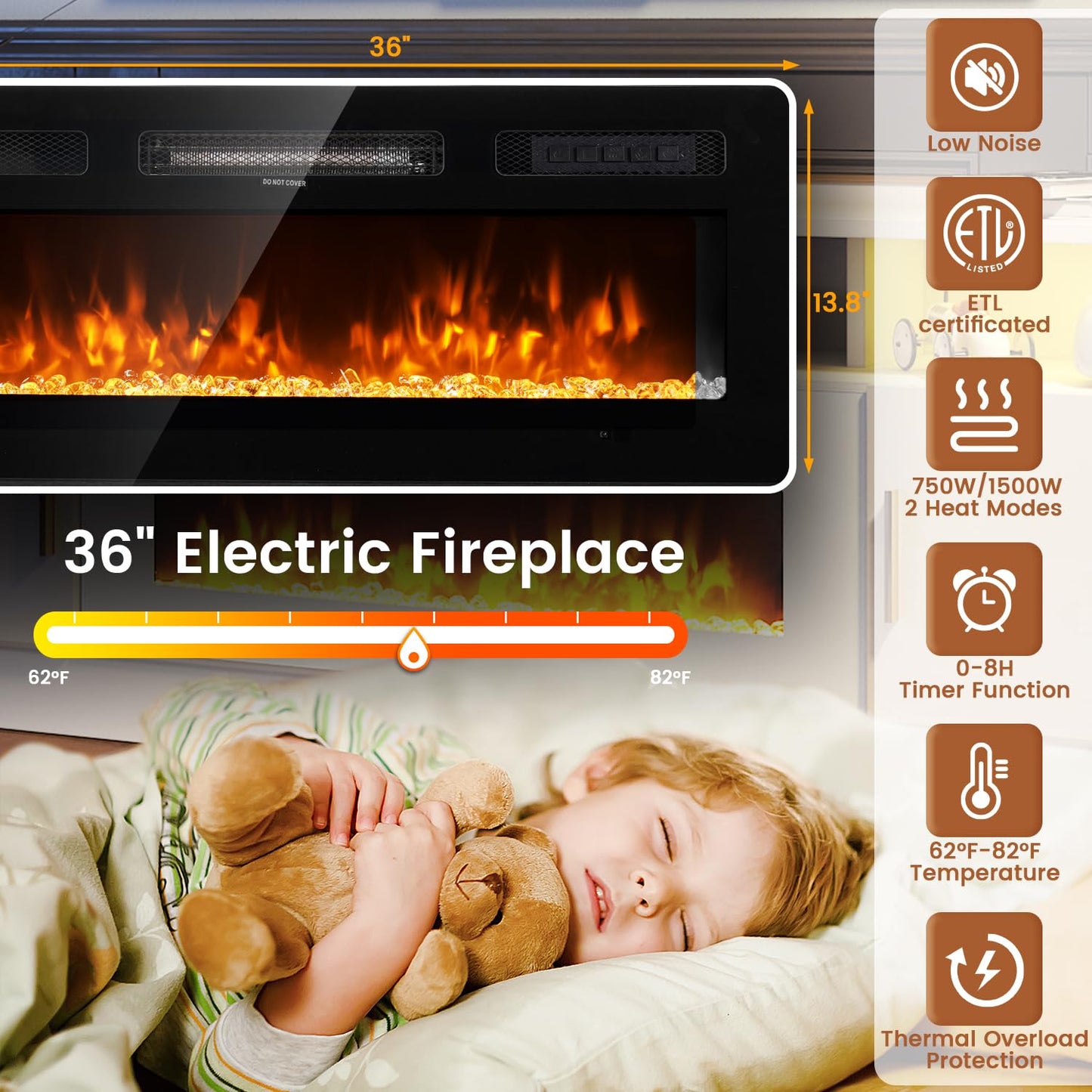 MXV 70" Fireplace TV Stand with Power Outlet for TVs UP to 80", Electric Fireplace Entertainment Center with LED Lights & Storage Cabinets, TV Console for Living Room, Office, Black-Black