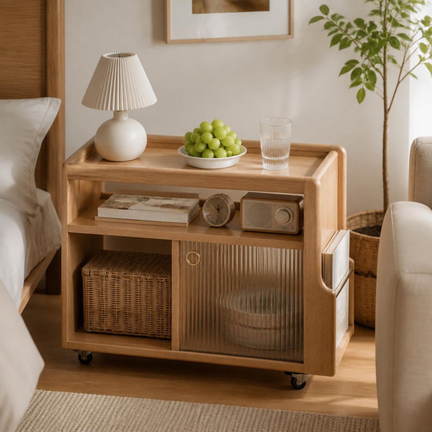 Wayshome Solid Wood Narrow Side Table with Storage, End Table with Magazine Rack & Glass Door Cabinet, Small Couch Side Table for Living Room, Slim Nightstand for Bedroom, No Assembly