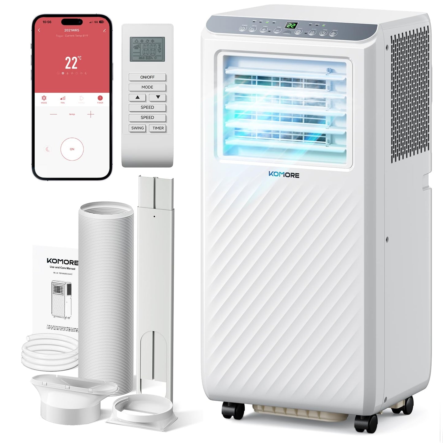 KOMORE Portable Air Conditioner,10000 BTU up to 450 Sq.Ft 4-in-1 Smart Quiet WiFi Floor Standing AC Unit for Bedroom Office room,Cooling,Dehumidifier,Fan,Sleep Mode,24H Timer,Remote Control (White)