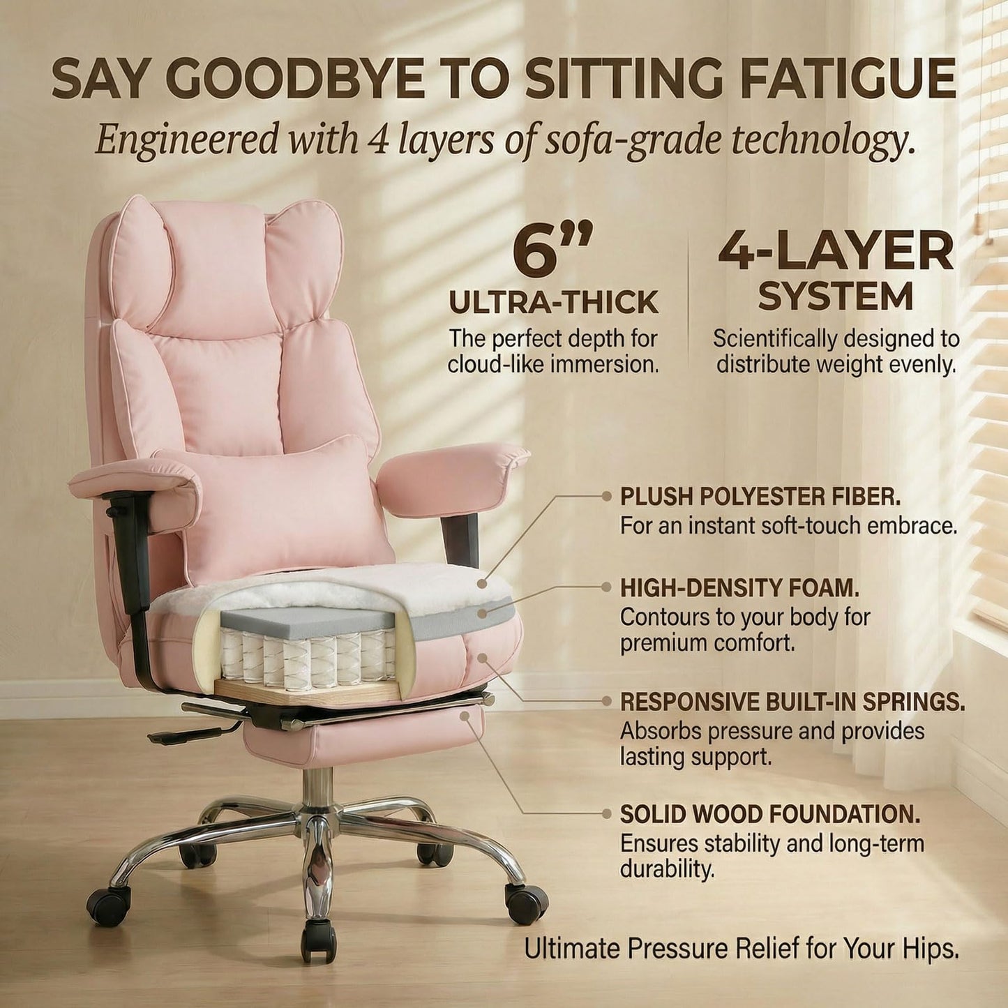 Efomao Big and Tall Office Chair 400lbs - Heavy Duty Reclining Desk Chair with Footrest, Spacious High Back PU Leather Executive Chair, Double-Layer Spring Support, Pink