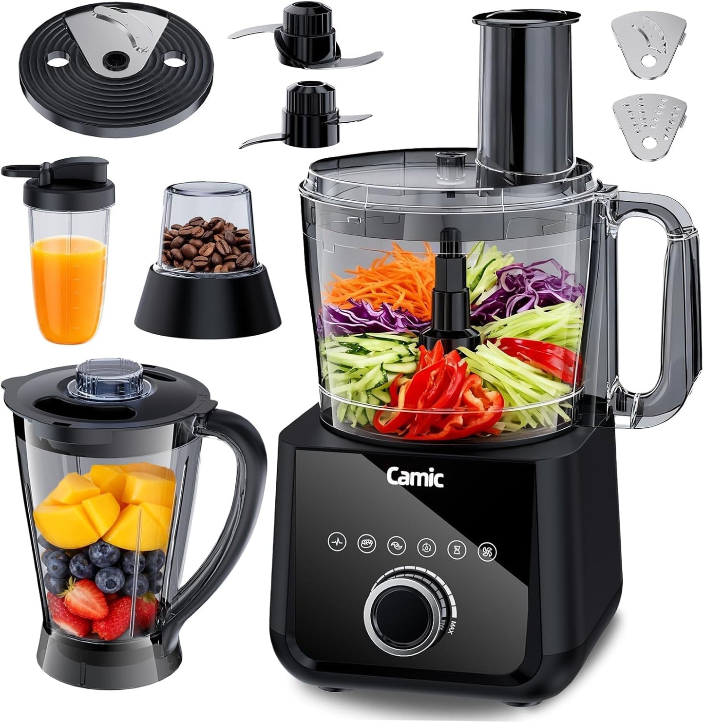 Camic Food Processor and Blender for Home Use, 600W, Blending, Grinding, Shredding, Slicing, Doughing, Meat and Vegetable Chopping, Ice Crushing, 6 Presets, Easy to Operate and Clean (Upgrade Version)