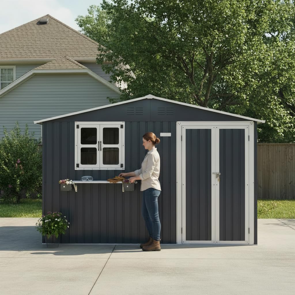 10x8 FT Storage Shed,Outdoor Metal Building Backyard Shed with 2 Clear Openable Windows,Windowsill & Garden Bed Flower Rack,Lockable Double Doors Tool Shed, Heavy Duty Waterproof,for Yard,Coal Gray