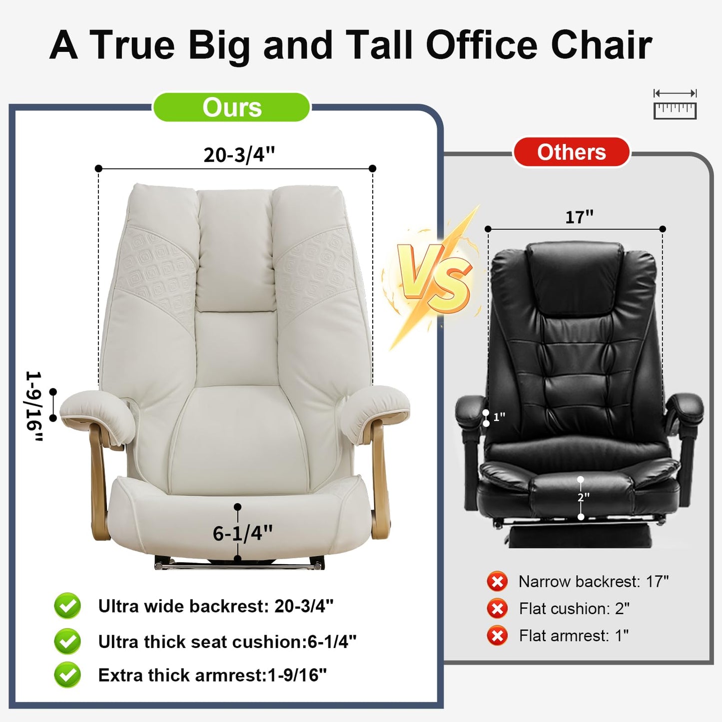 EXCEBET Big and Tall Executive Office Chair with Footrest, 400LBS Capacity Ergonomic High-Back Desk Office Chair with Lumbar Support, Padded Armrests & Thick Cushion, White PU Leather Chairs