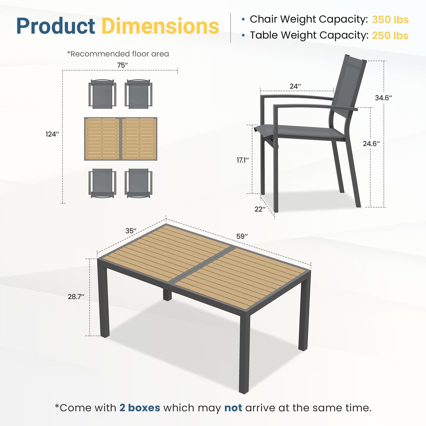 Patio Table and Chairs for 4, Outdoor Patio Dining Furniture Set with Aluminum Table and Metal Textilene Chairs, All-Weather Patio Table Set with HDPS Rectangular Tabletop for Garden Porch