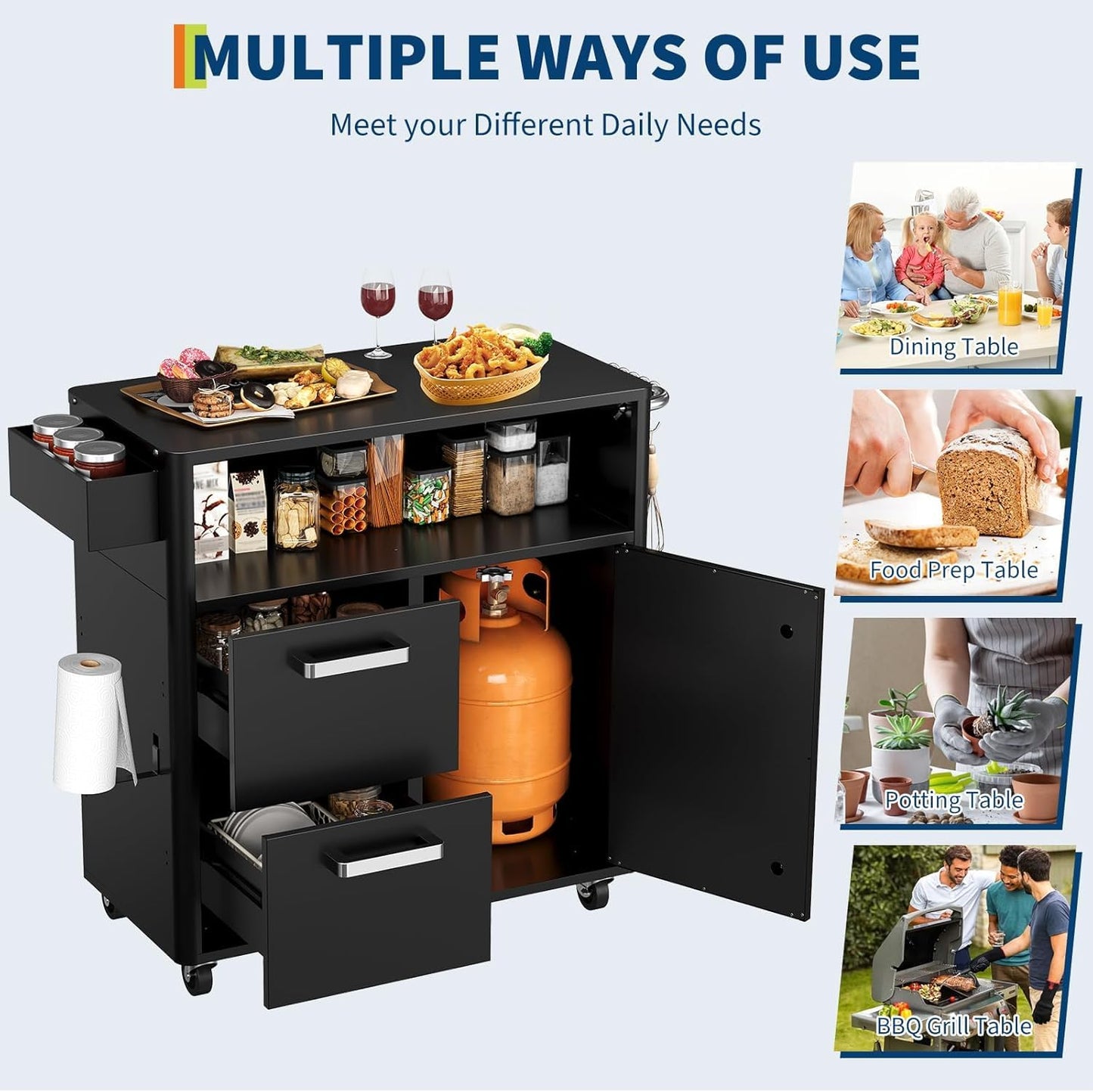 Mobile Outdoor Kitchen Cart - Premium Stainless Steel Prep Table with Single Door & Dual Drawers - Rolling BBQ Station w/ 2 Locking Wheels for Grilling & Serving