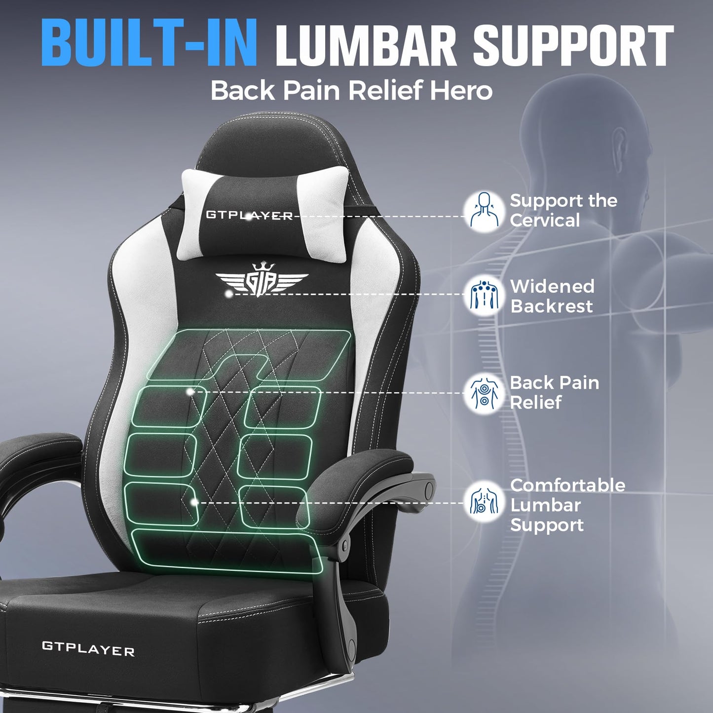 GTPLAYER Big and Tall Gaming Chair Breathable Fabric Computer Chair with Strong Lumbar Support, Comfortable Office Chairs with Pocket Spring Cushion, High Back Ergonomic Desk Chairs with Footrest