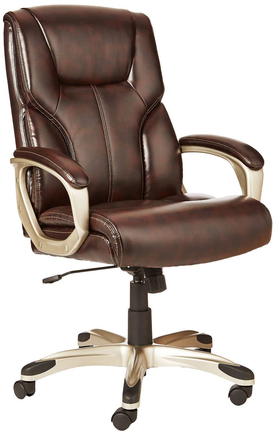 Amazon Basics Executive High Back Office Chair, Adjustable Height, Tilt, Swivel, Padded Armrests, Brown/Gold