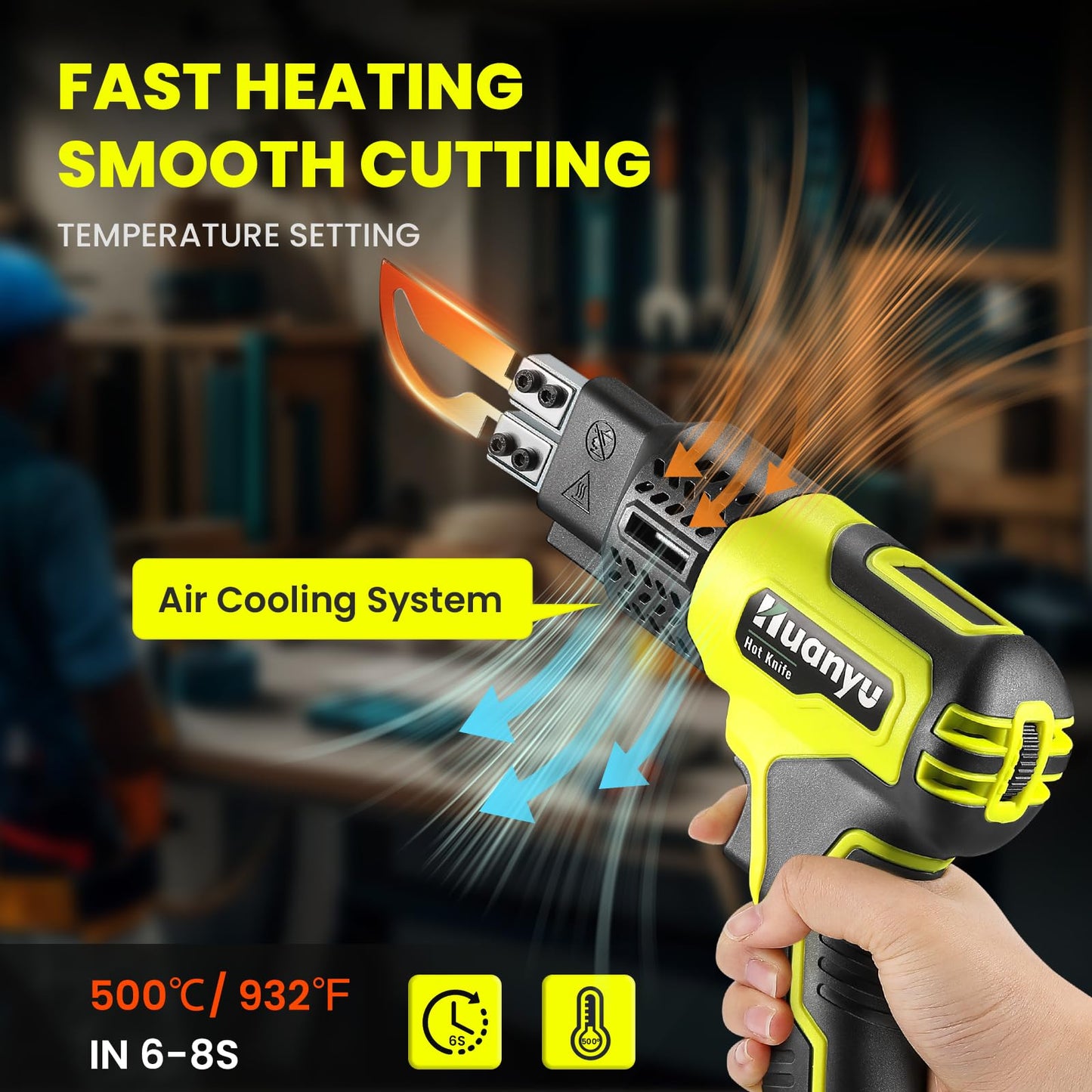 Huanyu Cordless Hot Knife with Temp. Display 100W Max 500℃ 3.0Ah Battery Powered Air Cooling Cutting Tool 4 Blades Set Electric Hot Knife Foam Cutting Tool Craft Shears for Rope, Fabric, Acrylic
