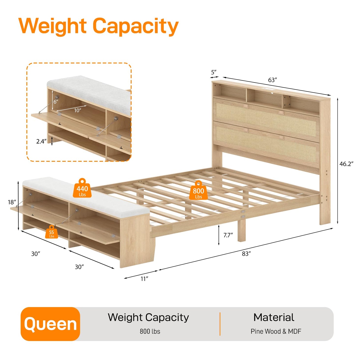 VINGLI Queen Rattan Bed Frame with Storage Headboard and Charging Station,Boho Bed with Shelves and Bench, Modern Wood Platform Bed,No Box Spring Needed, Space Saving Design for Bedroom