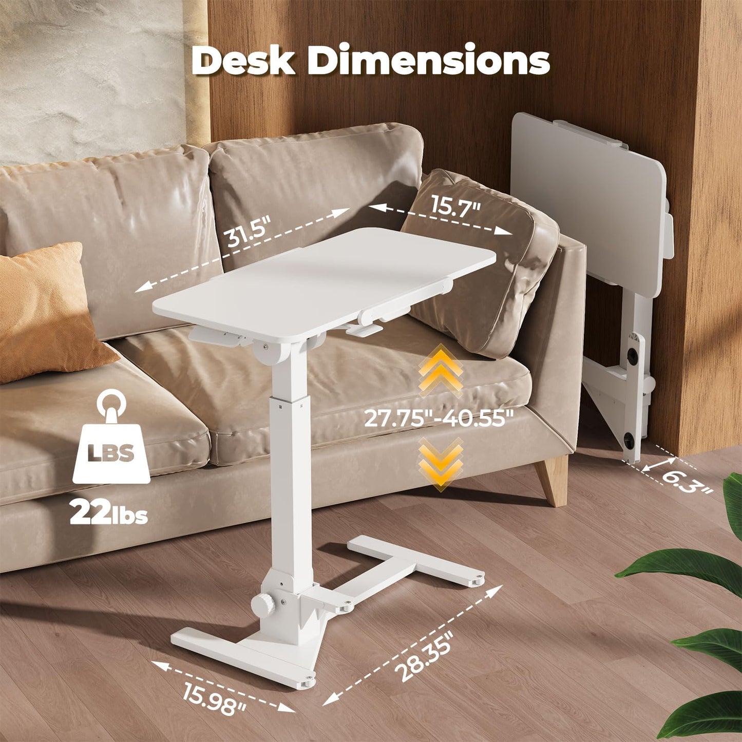 JOY worker Foldable Overbed Bedside Table, 180° Tiltable Mobile Standing Desk with Wheels, 31.5" Pneumatic Height Adjustable Rolling Laptop Desk for Home & Hospital Use, Easy Storage, White