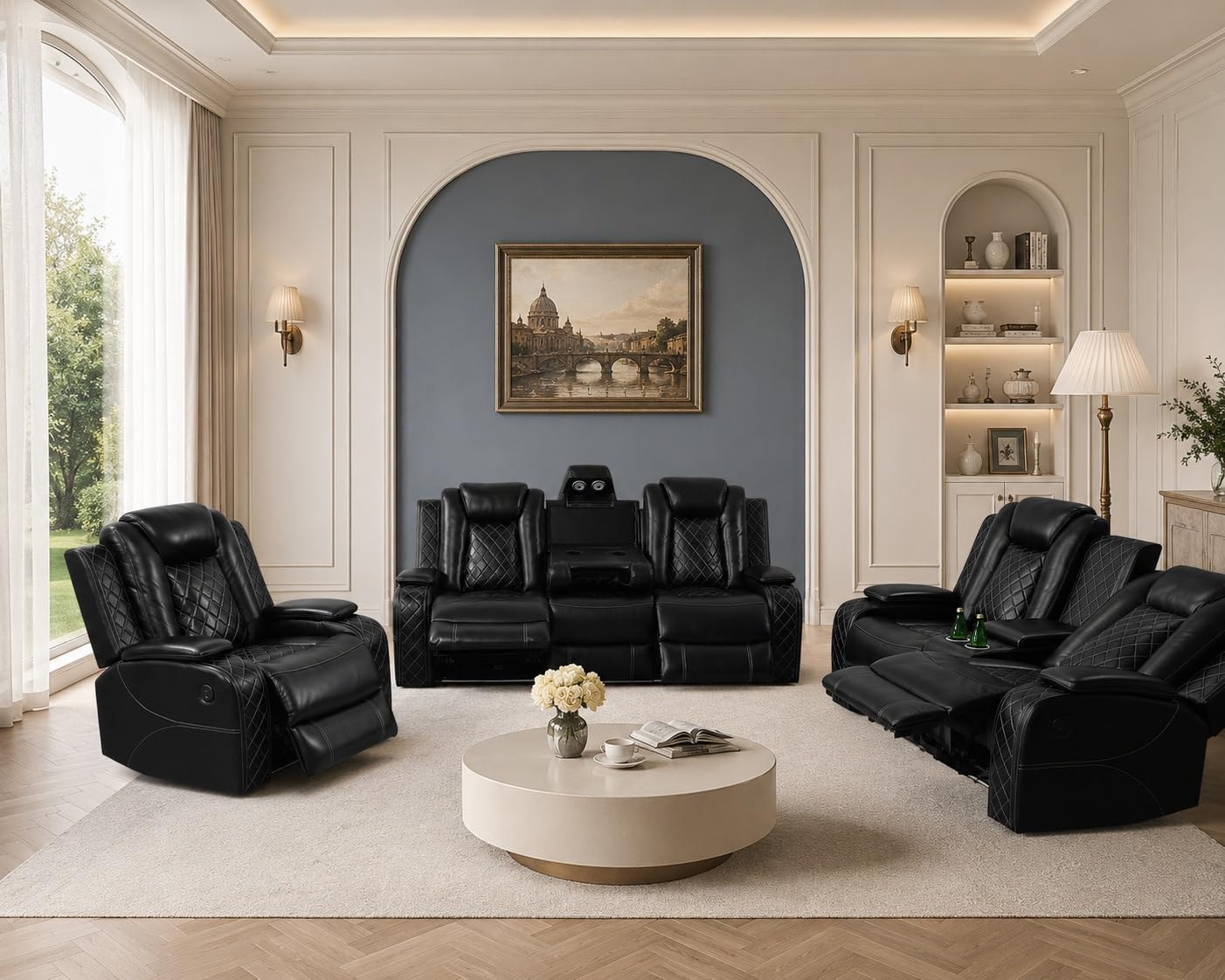 Trygoal Recliner Sofa Set, Breathing Leather 3-Piece Reclining Couch Set with Wireless Charger & LED Ambient Lighting, Home Theater Seating with Storage & Cup Holders, Movie Night Couch, Black
