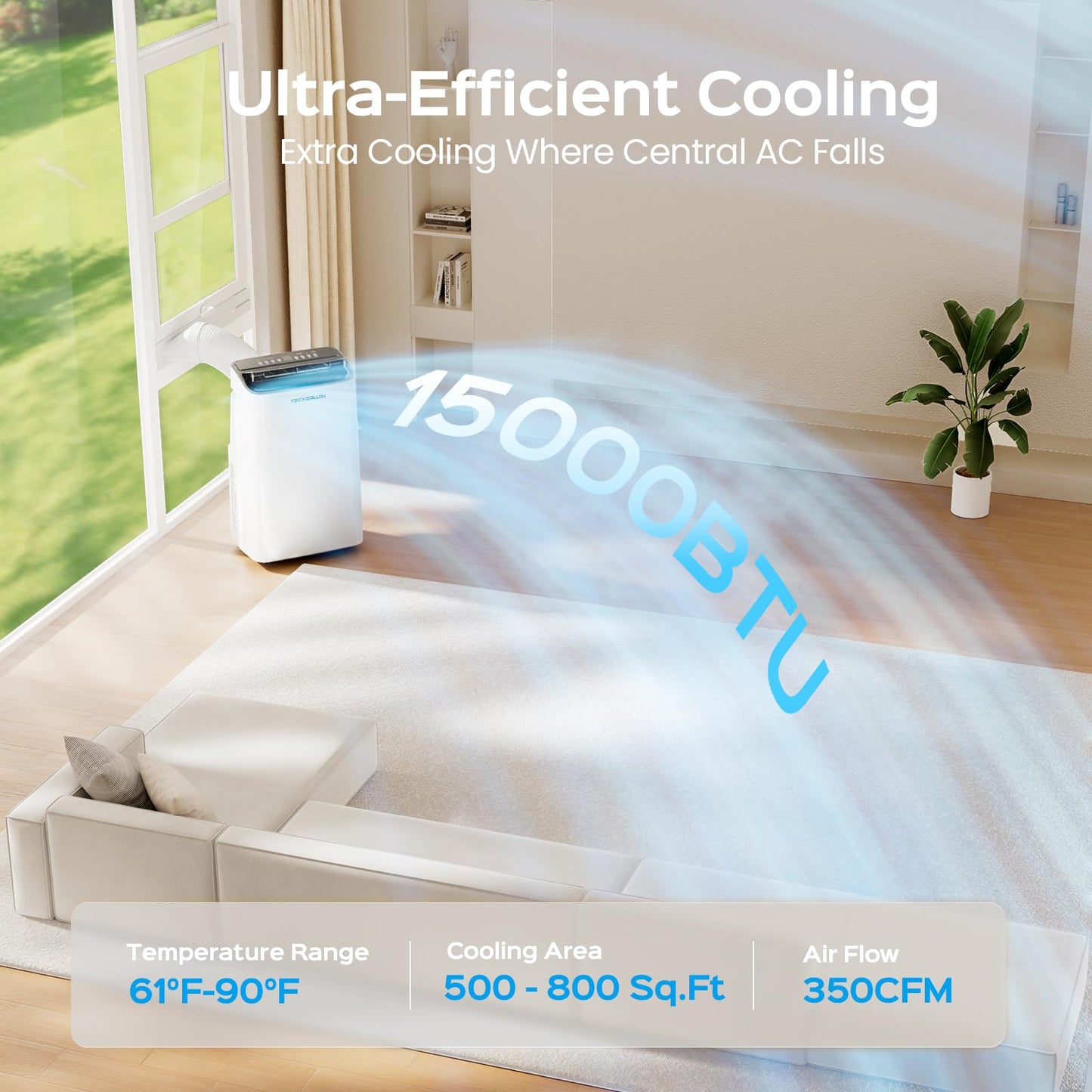 TECXERLLON 15,000 BTU Portable Air Conditioner, Cools up to 800 Sq. Ft., 4-in-1 Smart Portable AC with Dehumidifier, Fan, Sleep Mode, Self-Evaporating, Remote & Window Kit