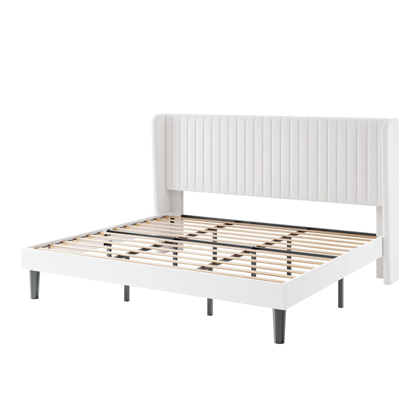 SHA CERLIN King Size Velvet Bed Frame with Vertical Channel Tufted Wingback Headboard, Upholstered Platform Bed with Wood Slats, No Box Spring Needed, Easy Assembly, White