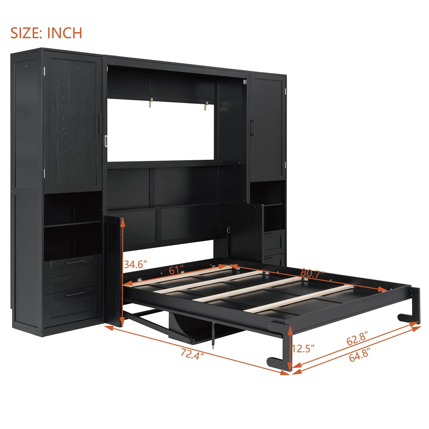 Merax Queen Size Murphy Bed with Desk, Closet, Drawers and Shelves, Fold into The Wall, Space-Saving Foldable Wood Platform Bed Frame for Small Spaces Studio Study Office Guest Room, Black(Oak Veneer)