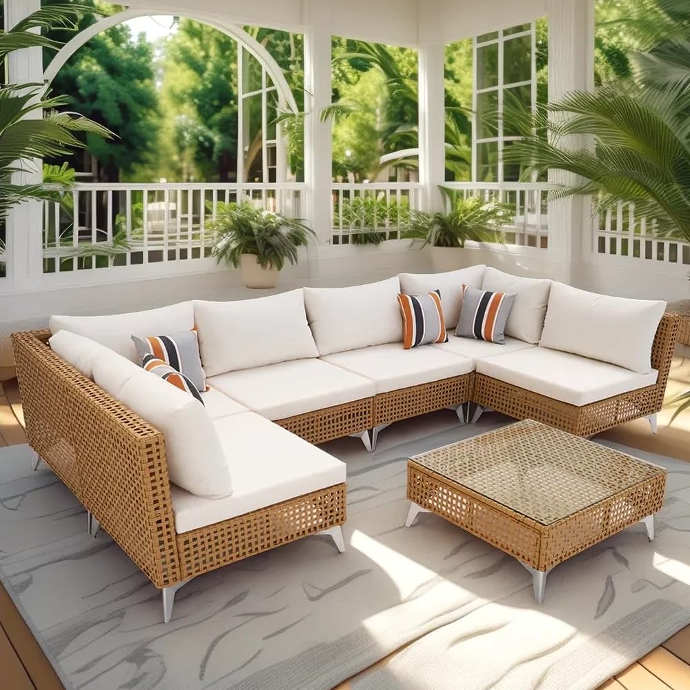 Merax 7 Piece Outdoor Patio Furniture Sets - 8-Seat PE Wicker Sectional Sofa w/Rattan Chaise Lounge & Thick Cushions, 29" Coffee Table w/Glass Top for Garden, Couch, Porch, Backyard Beige