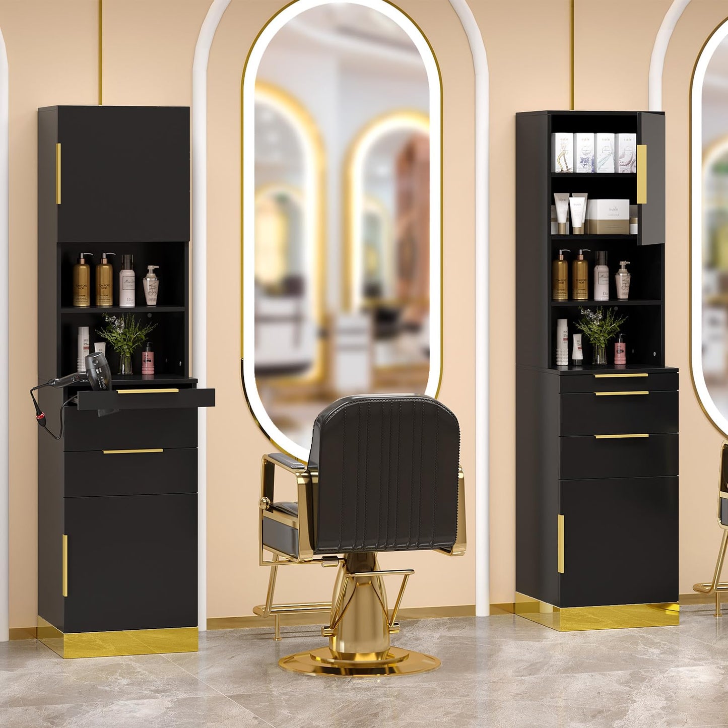 OmySalon Salon Stations for Hair Stylist, Barber Station with Storage Cabinet & Drawers & Hair Dryer Holders, Modern Beauty Salon Spa Equipment for Barbershop, Black Gold