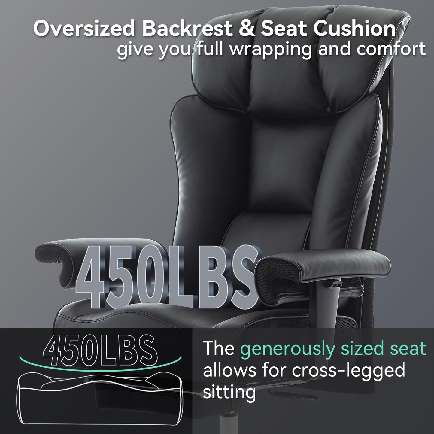 Efomao Big and Tall Office Chair 450lbs, 5.9" Thick Pocket Spring Executive Office Chair with Footrest, High Back PU Leather Desk Chair, Wide Seat Computer Chair, Black
