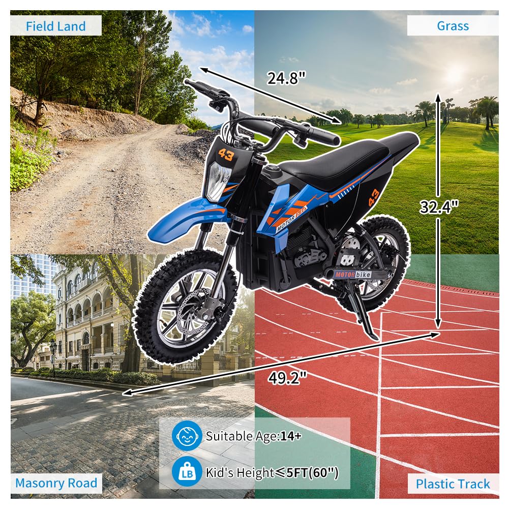 36V Electric Dirt Bike for Kids, Ride on Motorcycle 500W Brushed Motor Variable Speed to 15.5MPH with LED Headlight, Leather Seat,Chain-Driven for Teens Max Load 175lbs,Blue