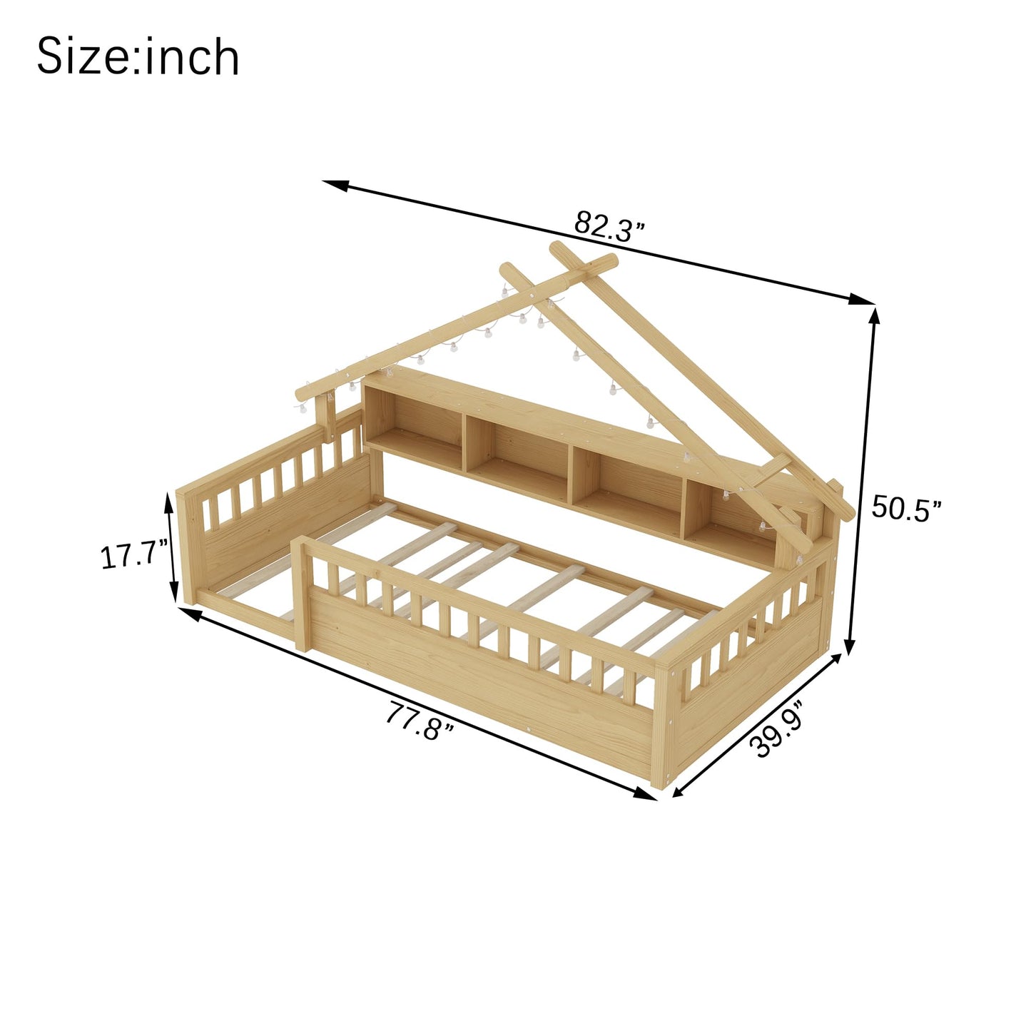 KEIKI Twin House Shaped Floor Bed with Storage, Kids Montessori Platform Bed Frame with Light & Tall Rails, Solid Beds Frames for Boys Girls Bedroom, No Box Spring Needed, Easy Assembly, Natural