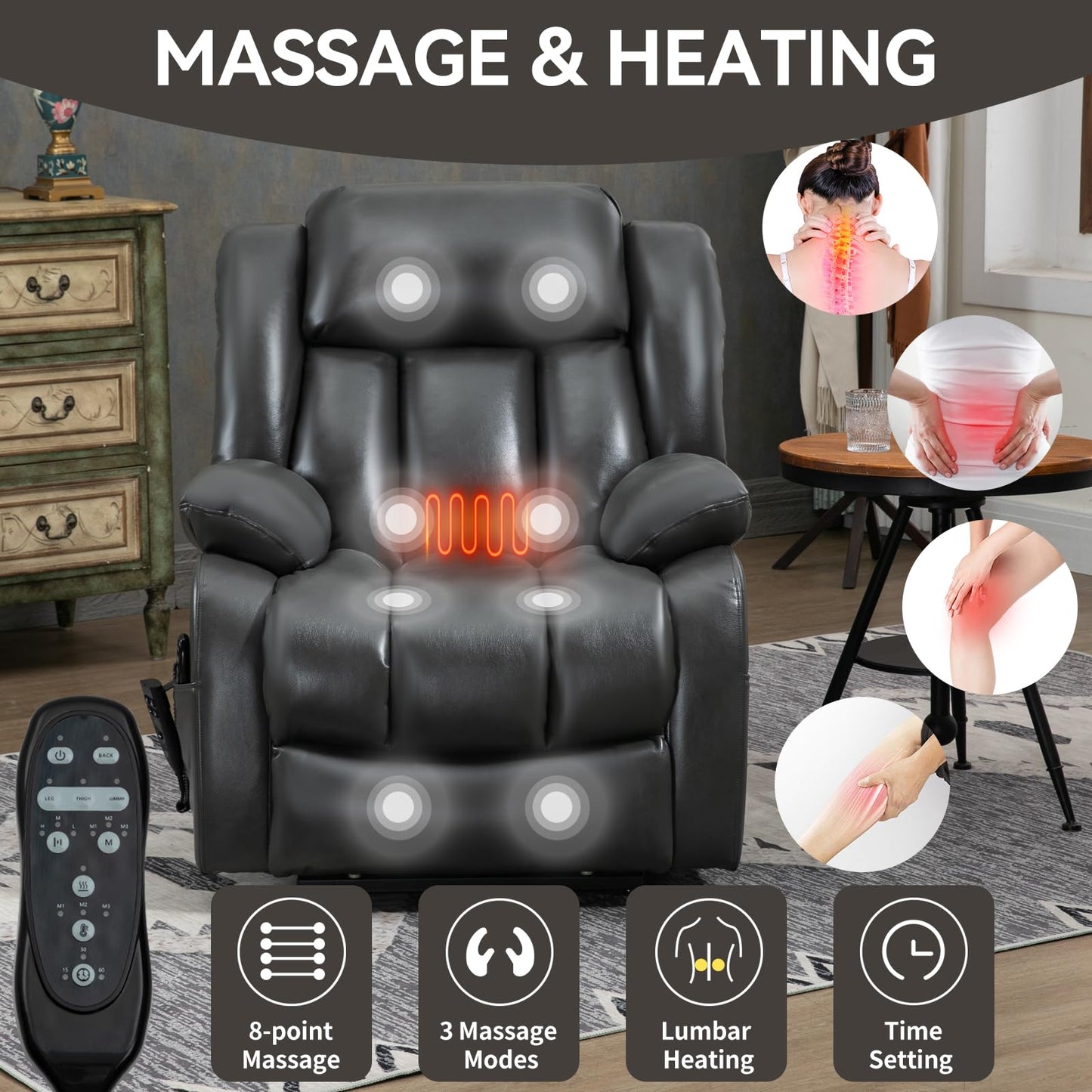KEIKI Oversized Recliner Chair Electric Dual Motor Lift Leather Recliner for Elderly, Synthetic Leather Upholstery with Infinite Position and Back Massager with Heat, Rocking Lounge Chair, Grey