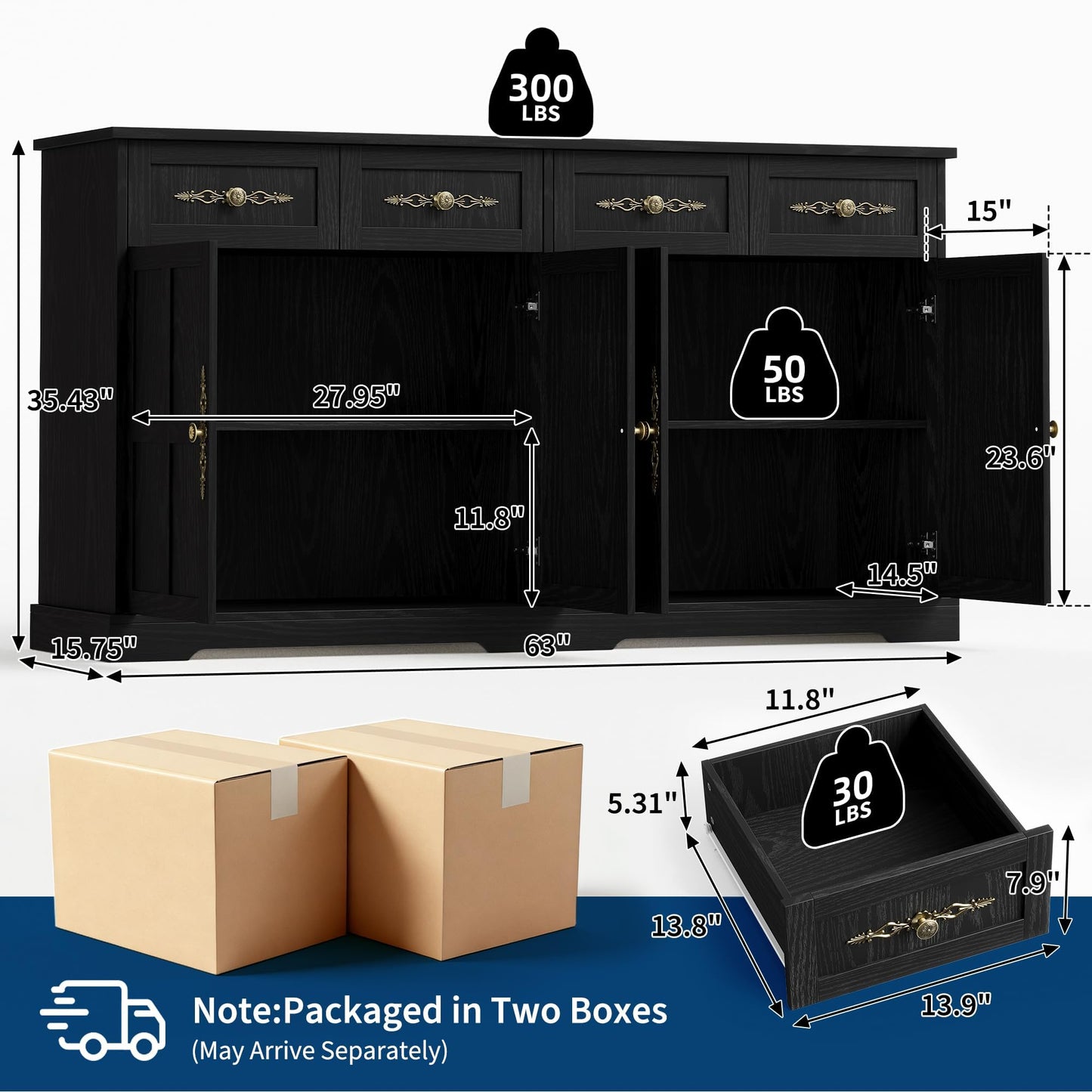 Garvee 63" Large Buffet Sideboard with Storage, 36" Tall Kitchen Buffet Storage Cabinet with 4 Drawers, Modern Coffee Bar Cabinet with Gold Handles, Long Sideboard Buffet Table for Kichen, Black