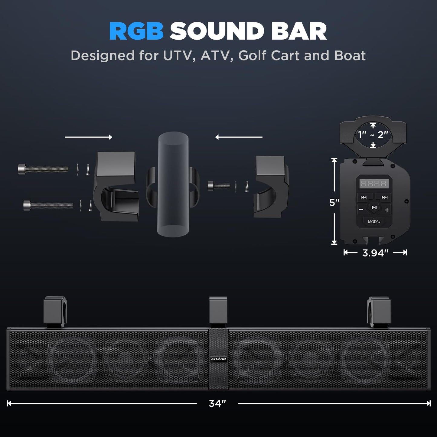 Ehaho 34" UTV Sound Bar with Subwoofer, 8-Speaker SXS SoundBar with Bluetooth and RGB Lighting, IP66 Waterproof ATV & Golf Cart Speakers, Compatible with Polaris RZR Can-Am, Fits 1"–2" Roll Cages