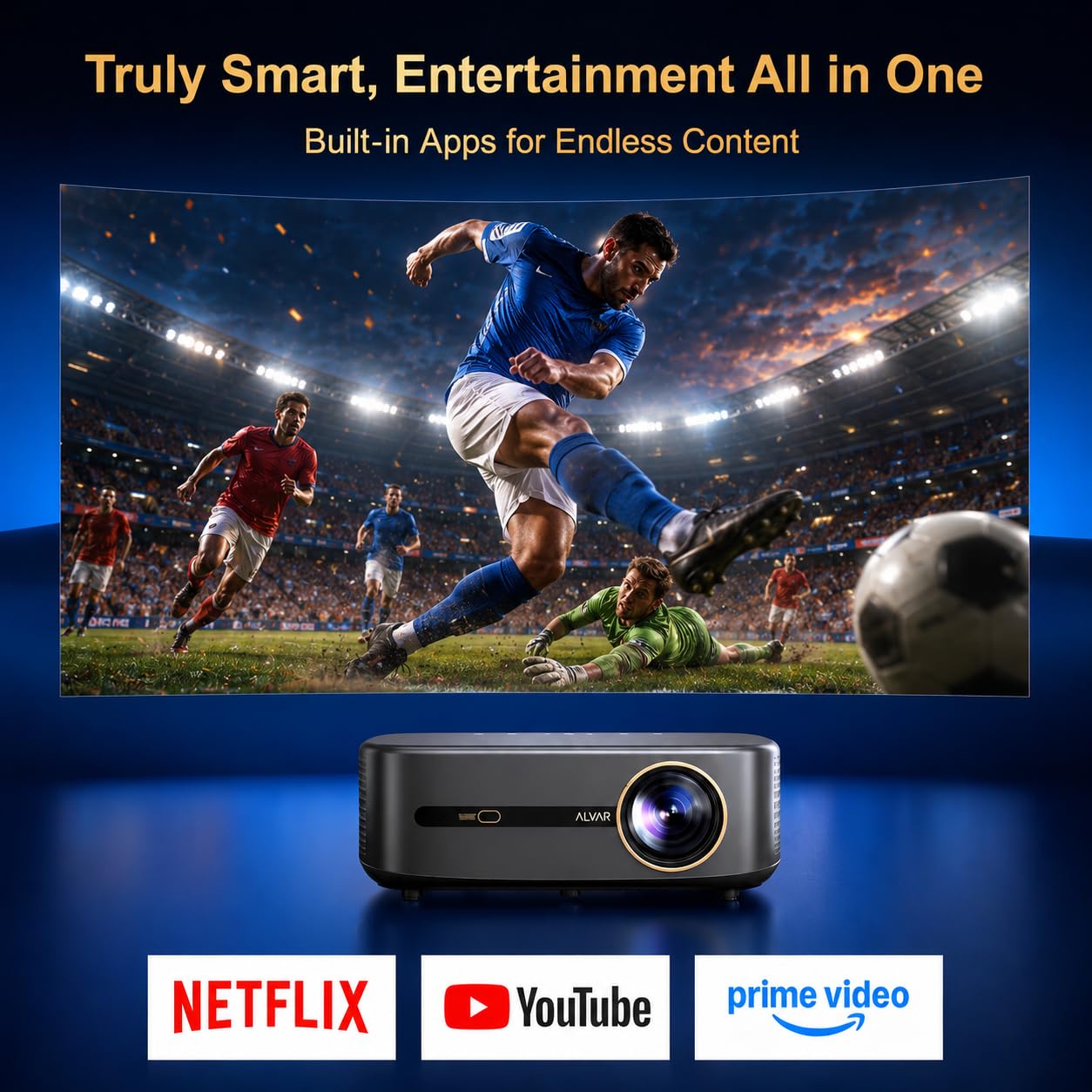 Alvar Projector 4K Support, Upgraded Smart Projector with 2500 ANSI, 50W Speakers, DoIby Audio, Built-in NetfIix App, Fully Automatic, WiFi 6 & Bluetooth 5.3 for Soccer Game/Home Theater/Outdoor Movie