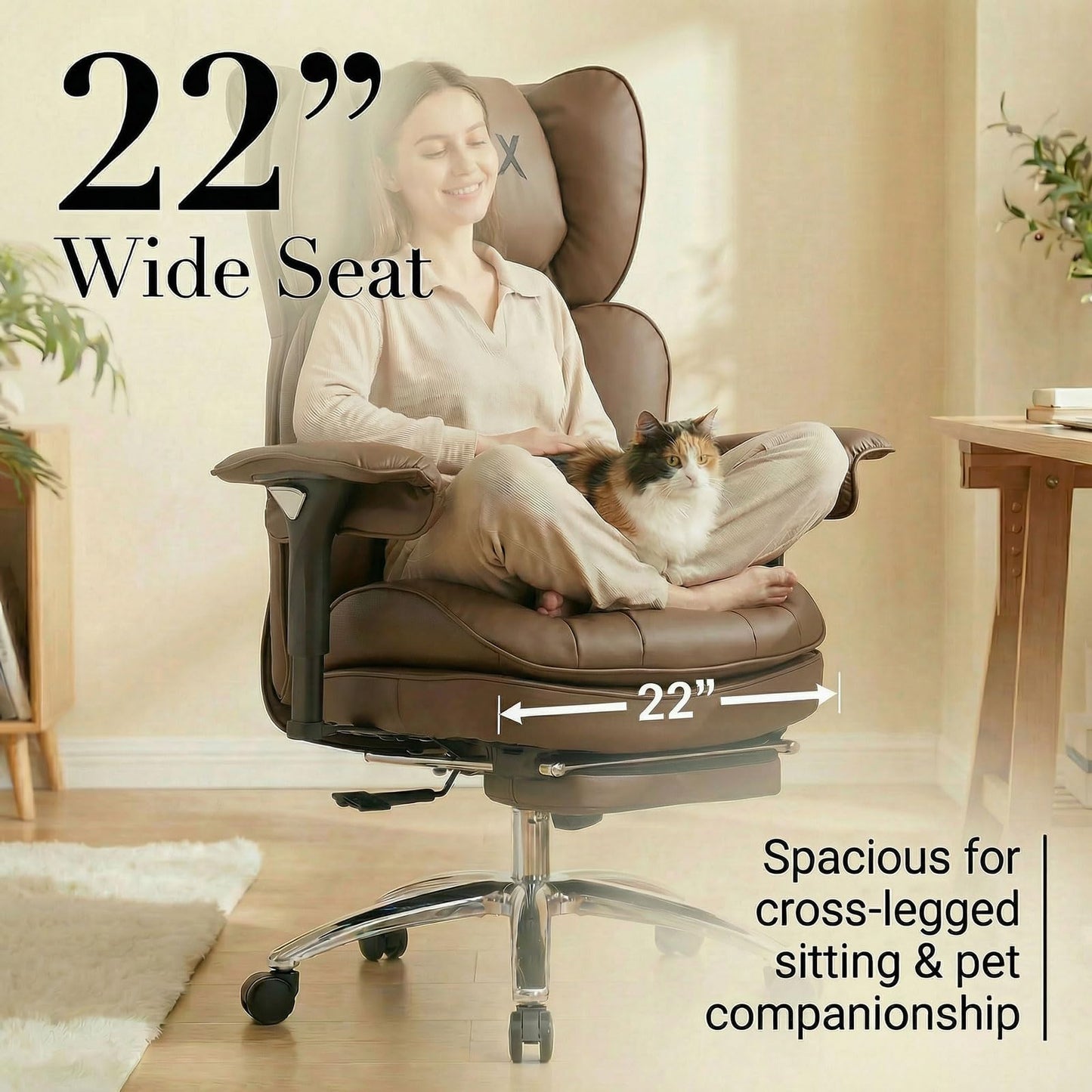 Efomao Big & Tall Executive Office Chair with Footrest - 400lbs Heavy Duty High Back PU Leather Desk Chair, Modern Ergonomic Reclining Computer Chair, Brown