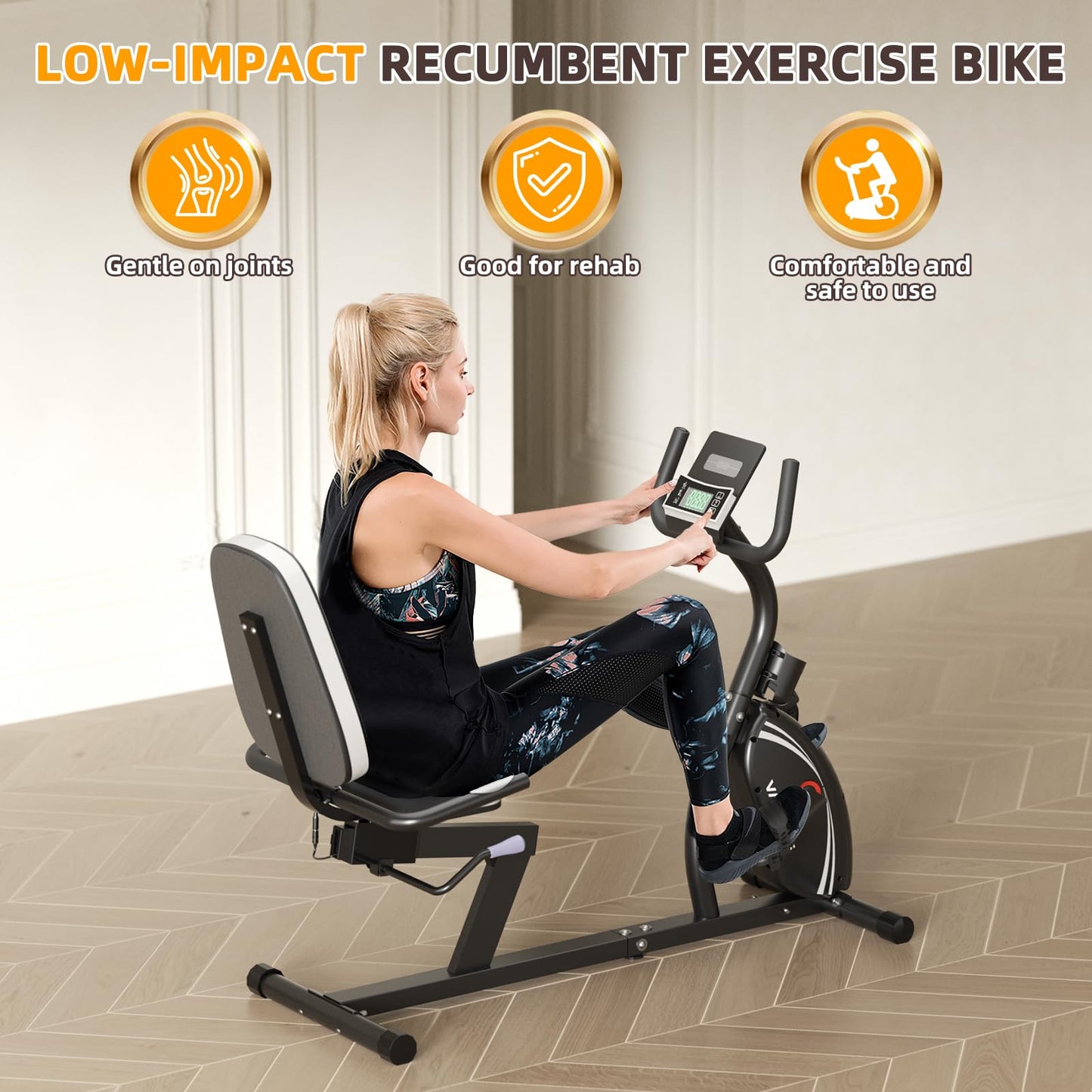 VANSWE Recumbent Exercise Bike for Seniors & Adults, 380 LBS Weight Capacity Stationary Bike for Home with 16-Level Magnetic Resistance, Bluetooth App Connectivity, Adjustable Seat & Pulse Sensor