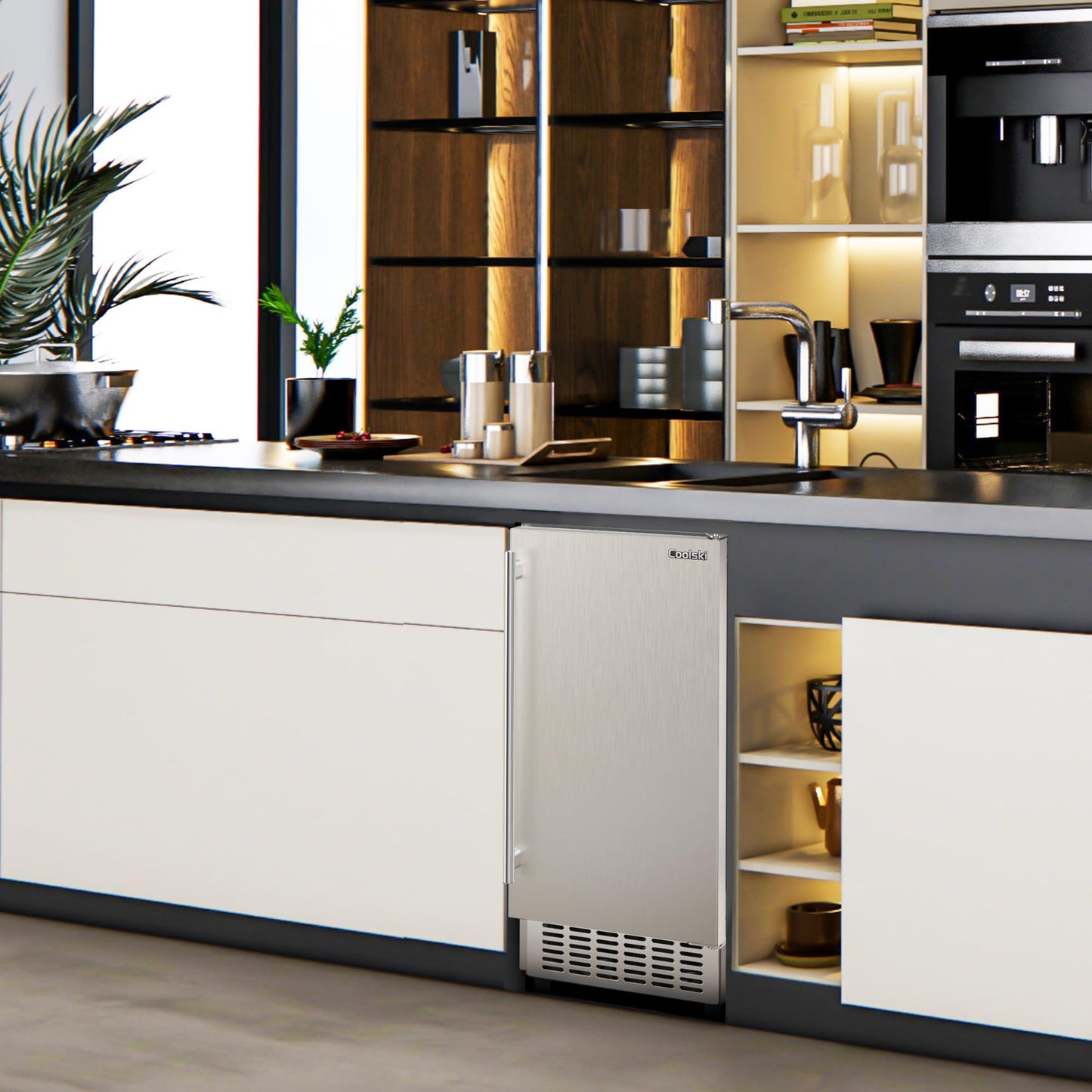 Coolski Under Counter Ice Maker Machine, Stainless Steel Built-in Freestanding Ice Maker for Commercial & Home Use, 80 Lbs/Day, 30 Lbs Storage, Self Cleaning, Thicknesses Adjustable