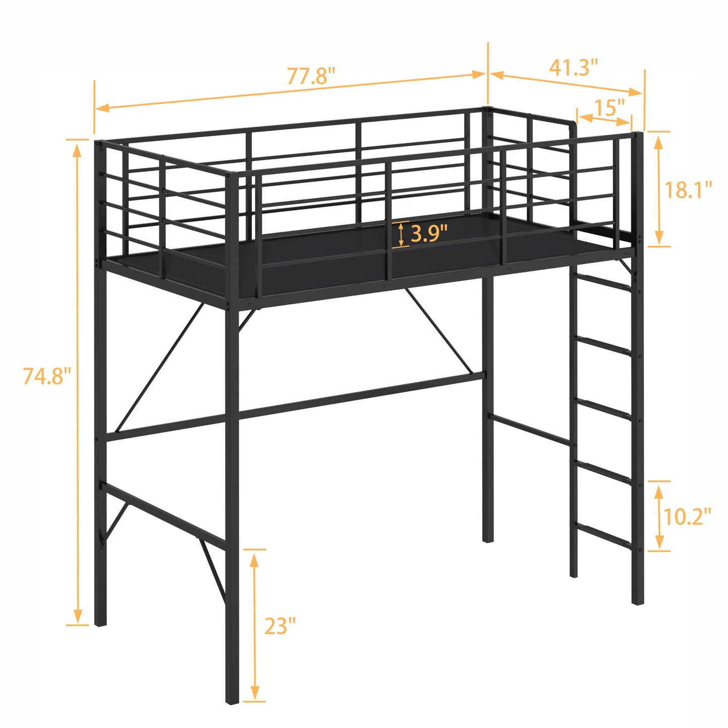 Debercu Twin loft Bed 75 inch High with High Guardrail,Space Saving Bedframe with Wide Ladder Rungs,No Sagging,Allow 12 inch Mattress Sturdy Metal Bed,Black