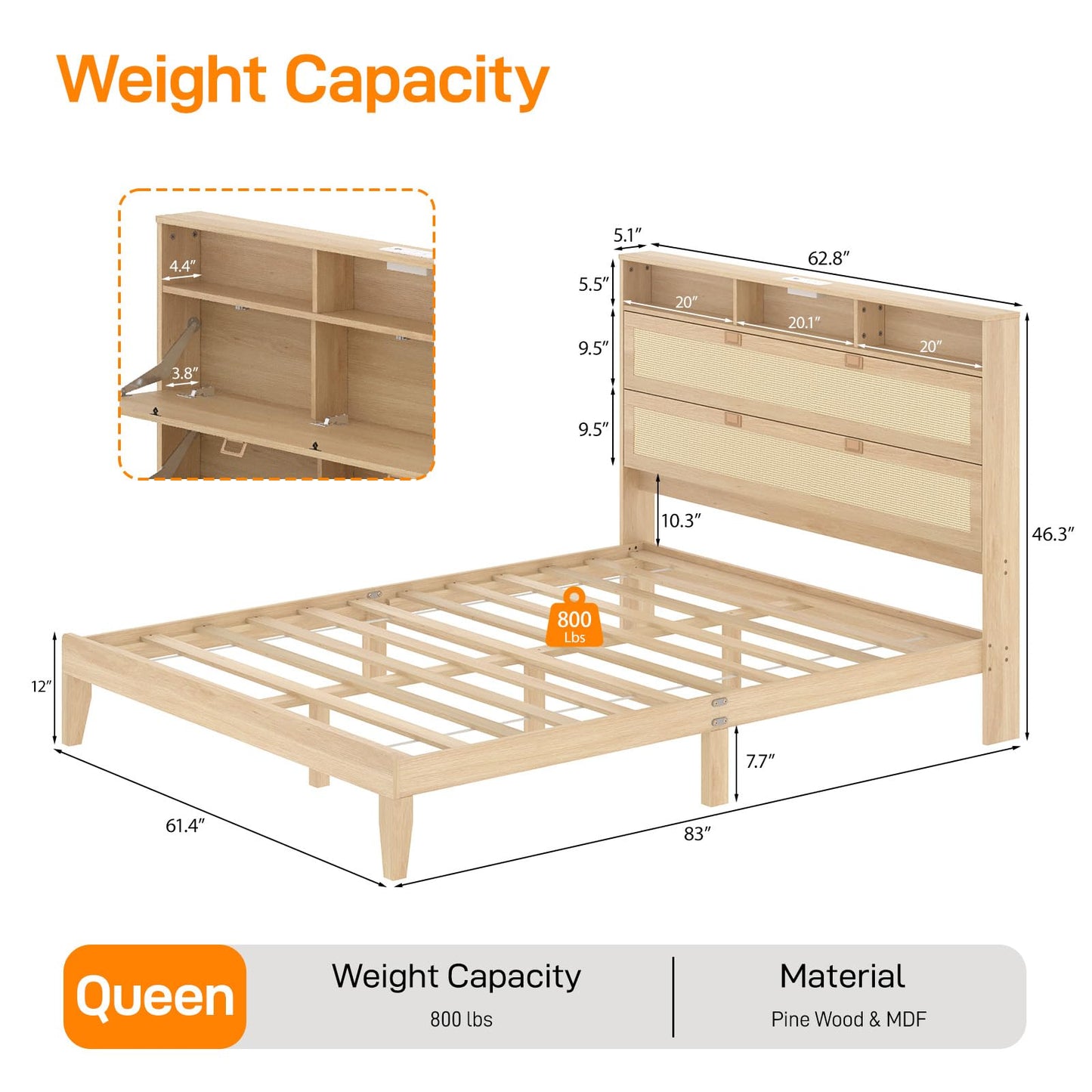 VINGLI Boho Queen Bed Frame with Shelves, Rattan Platform Bed with Storage Headboard and Charging Station, Modern Wood Bed Frame,No Box Spring Needed, Space Saving Design for Bedroom