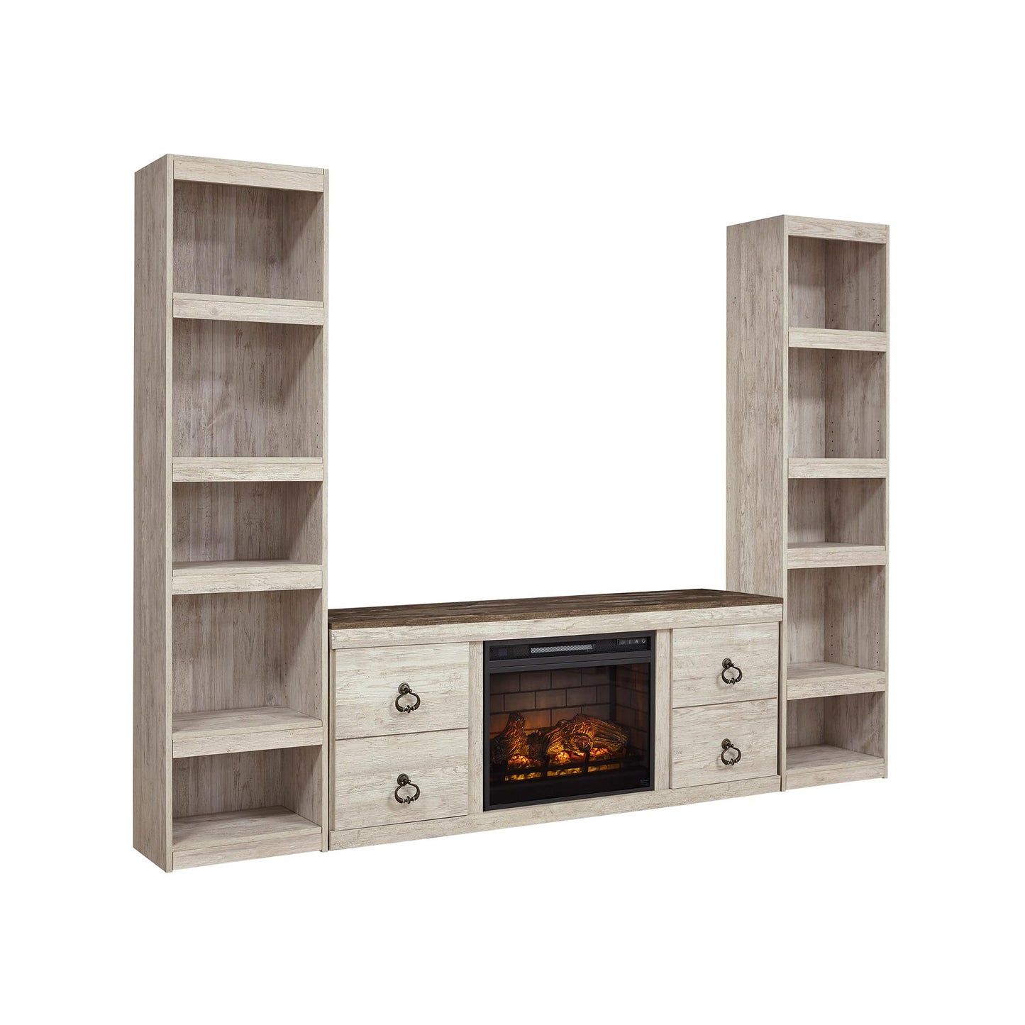 Signature Design by Ashley Willowton Entertainment Center with Electric Fireplace, Whitewash Finish, Storage TV Console with Piers, 94.25" W, Coastal Cottage Living Room