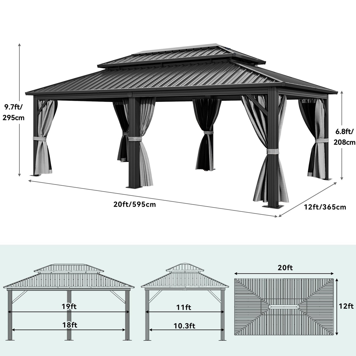 YITAHOME 12X20FT Hard Top Metal Gazebo Patios Double Roof Canopy Aluminum Frame Garden Gzebo Tent Curtains Netting for Patios Backyards Decks Lawns